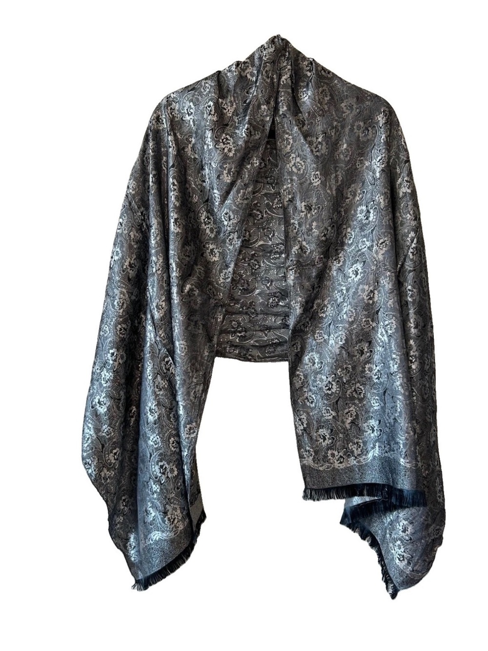 Vintage Thai Silk 100% Silk Shawl Wrap Silver Black Paisley Brocade Fringe 73in
